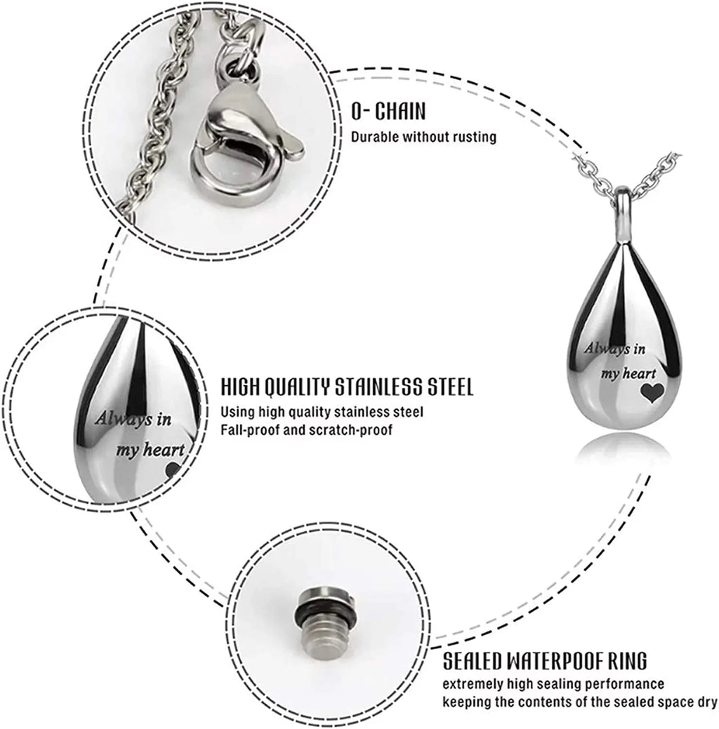 Pendentif Urne Mémorial Larme en Acier Inoxydable – Toujours dans mon cœur